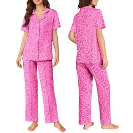 Ekouaer Pajamas for Women Set Button Up Sleepswear 2 Piece Short Sleeve PJ Top and Long Pants Loungwear With Pocket Hot Pink Leopard Print S
