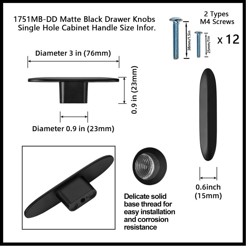 Goo-Ki 6 Pack Large Matte Black Drawer Knobs Kitchen Cabinet