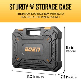 BOEN 3/8" Drive Impact Socket Set, 59-Piece Standard SAE (5/16 to 3/4 inch) and Metric (6-22mm), Include 9-Piece E-Torx Socket Set (E5-E16) 丨Ratchet Handle, Extension Bar, Universal Joint, Adapter