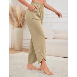 Quenteen Womens Baggy Wide Leg Pants 2025 Summer Elastic Waisted Cropped Casual Palazzo Harem Pants with Pockets Khaki S