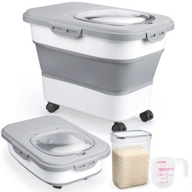 Komzon Rice Storage Containers, Collapsible 20 to 30Lbs Food Storage Bin Dispenser with Rolling Wheel and Clear Airtight Lid, BPA Free Flour, Sugar, Cereal and Dog Cat Pet food Containers