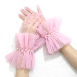 YAEISM Pink Short Gloves Ruffled Cuffs Mesh Gloves Puffy Tulle Pearl Gloves Cute Prom Opera Tea Party Formal Costume Accessories for Women