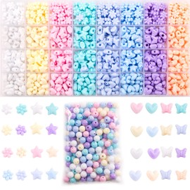 Gxueshan 840Pcs Star Heart Kandi Acrylic Beads Candy Color Cute Pastel Circle Loose Spacer Beads Assorted Colorful Shape Bow Beads Bulk for Friendship Bracelets and Jewelry Making Kit (1000)