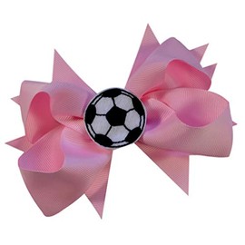 SOCCER BALL BOW Girls 4.5 Inch Grosgrain Soccer Hair Bow with Embroidered Soccer Ball By Funny Girl Designs (Light Pink)