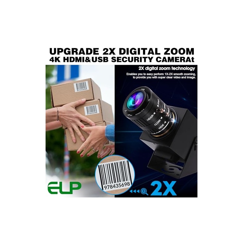 ELP Cámara USB HDMI 4K con zoom manual, cámara web