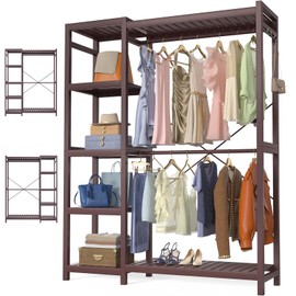 Homykic Bamboo Clothes Rack Garment Rack for Hanging Clothes, Heavy Duty Clothing Rack with 7 Tiers Adjustable Shelves, Double Rods, 4 Hooks, Freestanding Closet System Organizer Wardrobe, Espresso