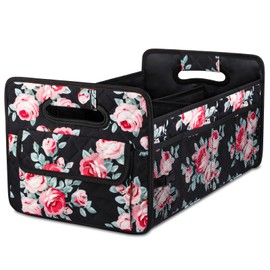 JiatuA Car Trunk Organizers and Storage for SUV, Collapsible Multi Compartment Container Box Adjustable Car Accessories for Women Men, Black Floral