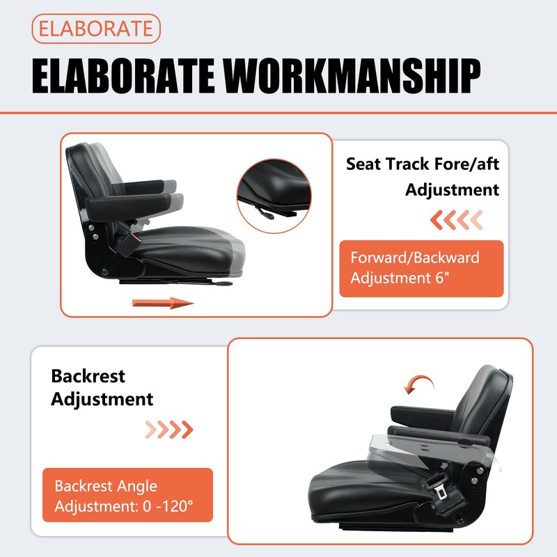 Universal Forklift Seat, Fold Down Tractor with Armrest, Retractable Safety