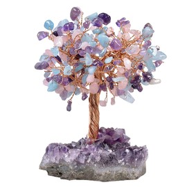 mookaitedecor Natural Rose Quartz & Aquamarine & Amethyst Crystal Tree with Amethyst Cluster Crystal Base Money Tree Figures Feng Shui Desk Decoration, Meditation Table Room Decor