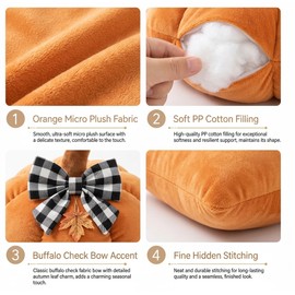 Pumpkin Plush Throw Pillow for Fall Home Decor – Buffalo Check Bow Accent for Cozy Sofas, Couches and Bedrooms