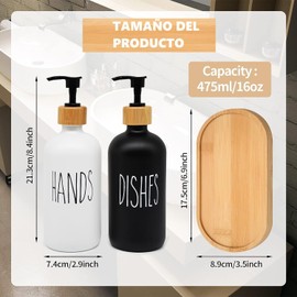 FLRAUTO 2 Pcs Juego de dispensador de jabón de Vidrio, dispensador de jabón para Manos y Platos, Juego de dispensador de jabón para Manos con Bomba y Bandeja de Acacia (Blanco y Negro)