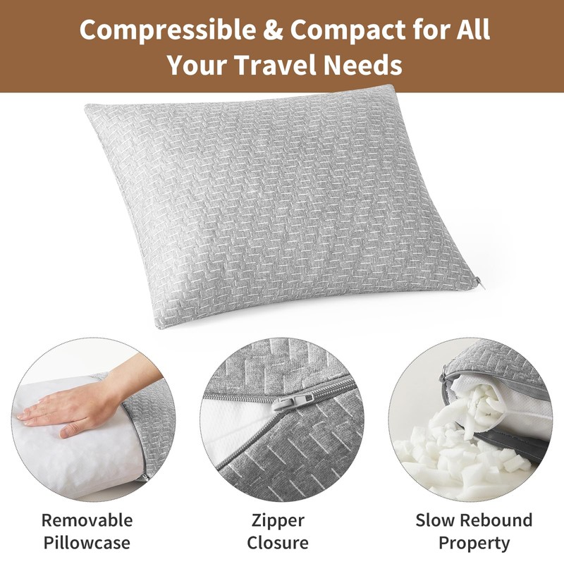 PEUJEW Travel Pillow Breathable Cover, Compressible Memory Foam Pillow Medium