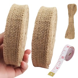 2 Roll Natural Ribbon Hessian Ribbon 2cmx20m Linen Ribbon Natural Rustic Jute Burlap Ribbon Roll Wide Raffia Ribbon with 1 Roll Jute Twine String and 1 Soft Tape for Cakes DIY Crafts Wedding Party