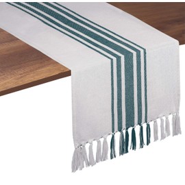Native Fab Pure Cotton Table Runner Farmhouse 108 Inches Long - Wedding Table Runners with Fringes, Parties Rustic Bridal Shower Decor Dining Table Runners 14x108 Green White