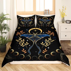 Castle Fairy Gothic Moth Bedding Set King Size for Woman Men,Bohemian Stars Moon Starry Galaxy Comforter Cover with 2 Pillowcases,Leaves Botanical Exotic Duvet Cover Set Microfiber Quilt Cover