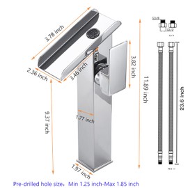 Chrome Bathroom Faucet LED 3 Color Changing Light Waterfall Vessel Sink Faucets Single Handle One Hole Bowl Sink Faucet Vanity Lavatory Deck Mount Bath Mixer Tap Tall Body Modern with Supply Lines