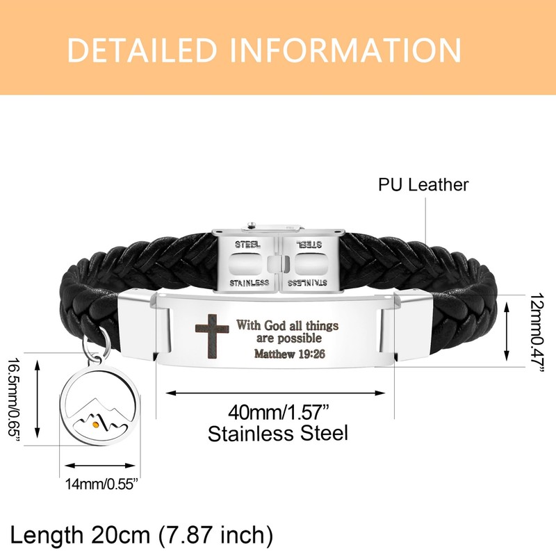 Oneress Men's PU Leather Faith Bracelet, Religious Scripture Bracelets With