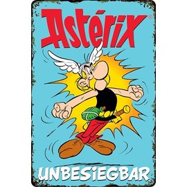 LUCKYLINDE - Retro Tin Sign, ASTERIX and OBELIX, French Cult Comic Series, Decorative Sign, 20 x 30 cm (Asterix - Invincible (Blue)