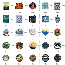 63Pcs Seattle Sticker Kawaii Travel Waterproof Pack | Cute Vsco City Cartoon Cool Deacls Graffiti Stickers Vinyl for Adults Water Bottle Skateboard Luggage Laptop Computer Phone