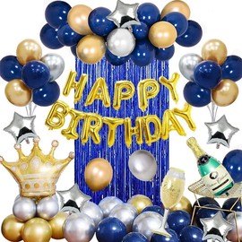 Birthday Party Decorations Blue Silver and Gold Party Balloons for Boys Friends Men Teens with Happy Birthday Banner Crown Champagne Balloons for 18th 21st 30th 40th 50th 60th 70th Party Decor