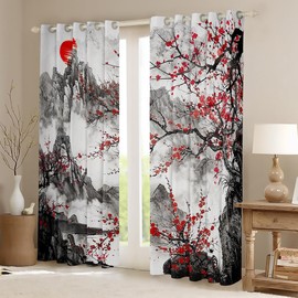Feelyou Cherry Blossoms Curtains for Bedroom (2 Panels, 42 x 84 Inch) Japanese Style 30%-50% Blackout Curtains Fuji Mountain Home Decor Darkening Drapes Red Sun Ink Painting Down Window Treatments