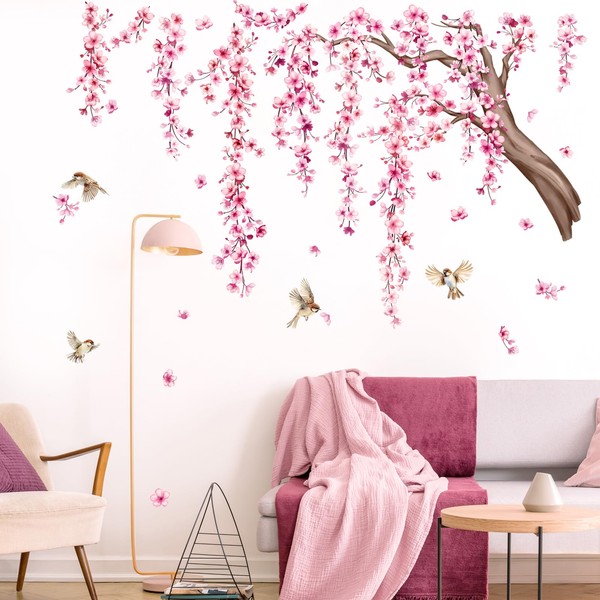 Tanlaby Cherry Blossom Tree Wall Stickers Pink Flowers Branch Wall