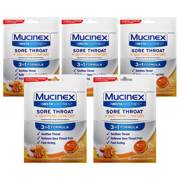Mucinex InstaSoothe Sore Throat + Soothing Comfort - Honey & Echinacea (40 Count (Pack of 5))