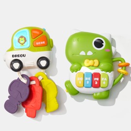 evoceler 2 Pcs Light Up Baby Piano Toys with Teethers & 4 Music Modes - Interactive Educational Baby Musical Toys, Keyboard for Toddler 18+ Months, Sensory Learning Boy Girl Gift (Dinosaur Design)