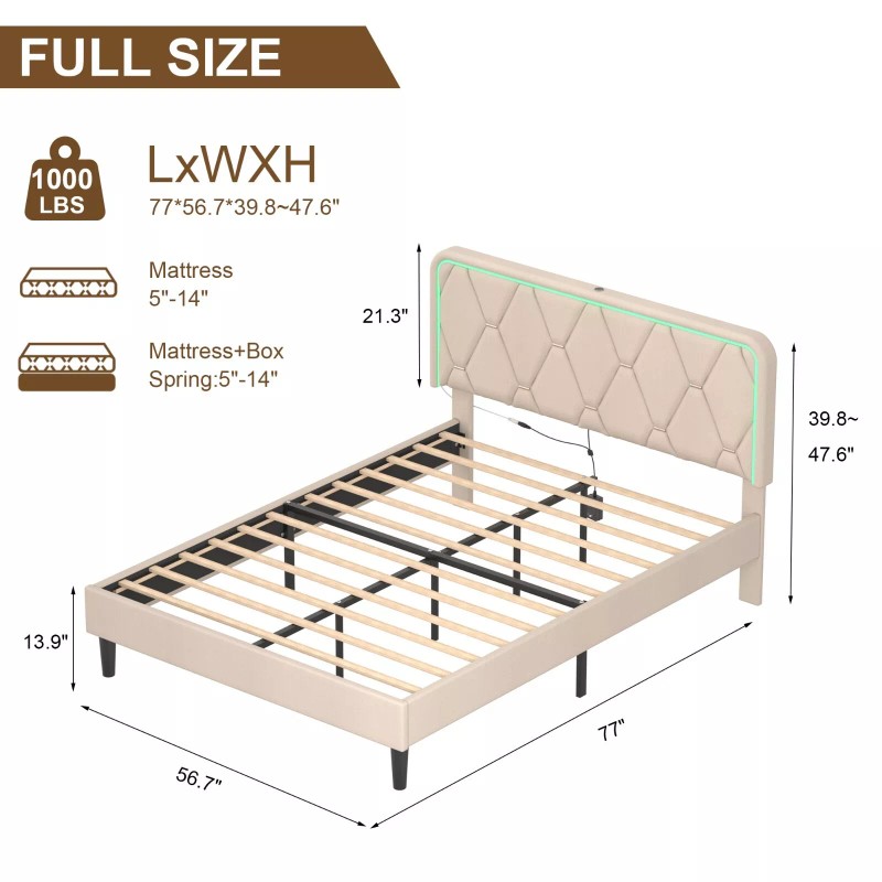 Vecelo Bed Frame with LED Light USB Ports Queen Full