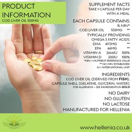 Hellenia Cod Liver Oil Capsules 550mg | 180 Fish Oil Capsules - 6 Month Supply | Rich Source of Omega 3 Essential Fatty Acids