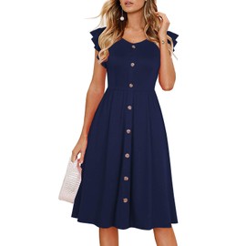 Lamilus Women's Casual Summer Dresses 2025 Ruffle Sleeves V-Neck Button Down Midi Swing Party Dress with Pockets (Small,026-Navy Blue)