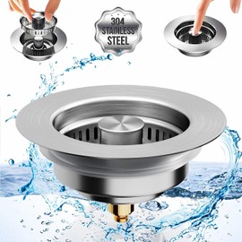NSRHMJ 3 in 1 Kitchen Sink Drain Strainer,Universal Stainless Steel Kitchen Sink Stopper, Pop Up Anti-Clogging for 3-1/2 Inch US Standard Sink Drain Strainer