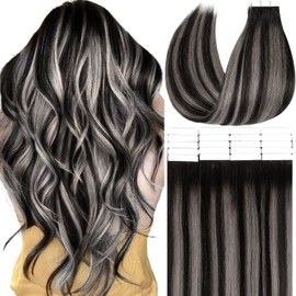 Anrosa Invisible Tape in Hair Extensions Human Hair Long Balayage Weft Ombre Tape in Hair Extensions for Woman Natural Black to Silver Grey with Natural Black Rooted 50g/20pcs 22Inch