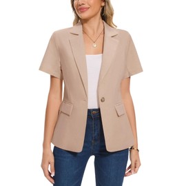 MINTLIMIT Khaki Cotton Linen Blazer Womens Short Sleeve One Button Front Lined Notch Lapel (Khaki M)