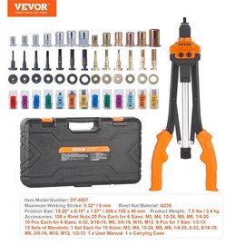 VEVOR Rivet Nut Tool, 16 inch Rivnut Tool Kit with 13PCS Metric and SAE Mandrels & 186PCS Rivet Nuts, Semi-auto Retraction, M3, M4, M5, M6, M8, M10, M12, 1/4-20, 5/16-18, 3/8-16, 1/2-13, 8-32, 10-24 - Rivet: 16-inch - Semi-automatic