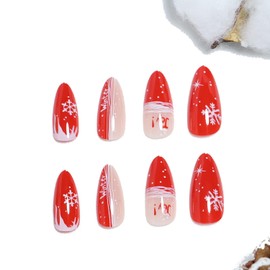 Christmas Press on Nails Almond-24Pcs Red Artificial Fake Nails with Snowflake Designs Winter Xmas Glossy Full Cover Medium Acrylic False Nails Glue Stick on Fingernails for Women Girls