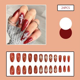 Christmas Press on Nails Red Fake Nails Snowflake with Glitter Design Medium Almond False Nails Acrylic Full Cover Nails Glossy Adhesive Tabs Stick on Nails for Women Girls Manicure Art 24Pcs