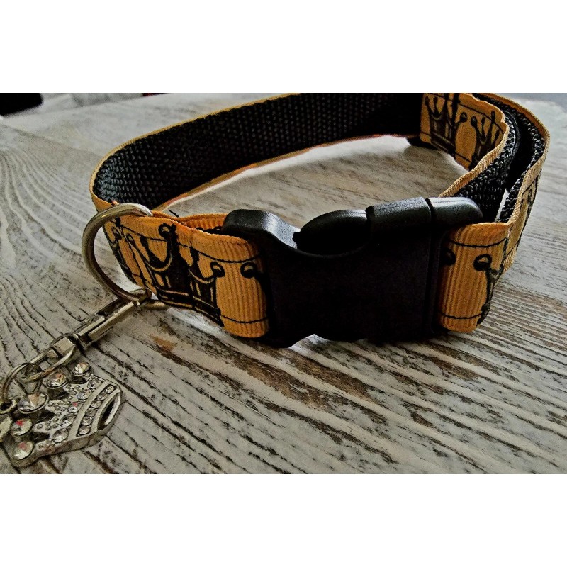 Handmade Yellow Prince Crown Adjustable Dog Collar with removable Tag