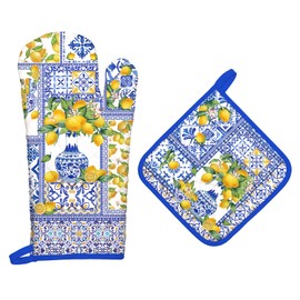 Arquiel Oven Glove and Pot Holder Lemon Set of 2, 100% Cotton Cooking Gloves, Heat Resistant Kitchen Glove for Cooking, Baking, Barbecuing, Gift
