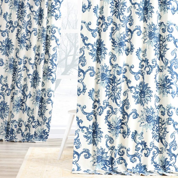 HPD Half Price Drapes PRTW-D40-96 Printed Cotton Twill Curtain (1 Panel), 50 X 96, Blue
