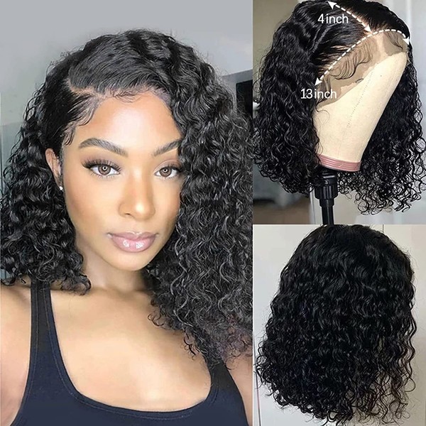 ISEE Hair 8 Inch Short Bob Wigs Deep Wave Lace Frontal Human Hair Wigs Brazilian Virgin Human Hair Wigs for Black Women Glueless Pre Plucked with Baby Hair Natural Black 150% Density