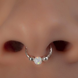Tiny Hammered Septum Rings 20 Gauge - 925 Silver Simple Septum Hoop - White Opal Septum Piercing - Handmade Septum Rings for Women Men