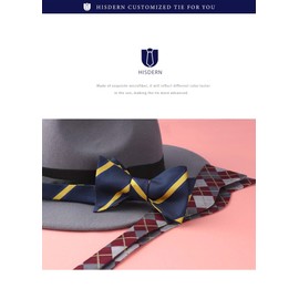 HISDERN BC-01 Men's Bowtie, Hand-tied Bowtie, Chief Set, Adult, Washable, Weddings, Receptions, After-parties, Entrance Ceremonies, Parties, 32 navy/yellow (stripe), Free size