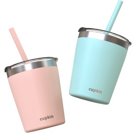 CUPKIN Toddler Straw Cups, The Original 8 oz Stackable Stainless Steel Cups for Kids, Set of 2 Powder Coated Insulated Straw Cup & BPA Free Lids + Reusable Silicone Straws (8oz Peach + Teal)