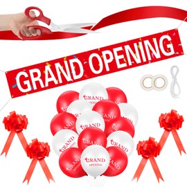 Grand Opening Ribbon Cutting Ceremony Kit Grand Opening Banner Decorations with 10'' Scissors 40 Pcs Balloons Satin Ribbon Bows and More Supplies for Business Events(Red)