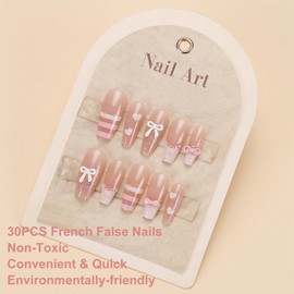 30PCS French False Nails with Glue, Square Stick On Nails Medium Long, Flash Fake Nails with 3D Bow Heart Flash, Acrylic Full Cover French Press On Nails for Women Girls Nails Art Accessories