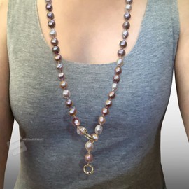 Metallic Baroque Pearls Long Necklace, 45" Kasumi Pearls & Sterling Silver Toggle Clasp Lariat Necklace, Freshwater Pearls Two Rows Necklace (rhodium-plated-silver)