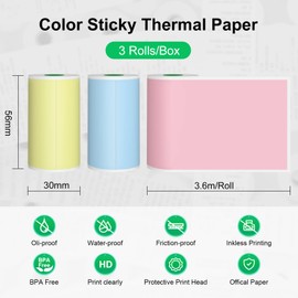 Peripage Color Thermal Sticker,Thermal Paper, Adhesive Label Paper, 3 Rolls/Box, For PeriPage A6 Printer, Waterproof, Oilproof, Scratchproof, BPA Toxic Free (Colorful Sticky Thermal Paper)
