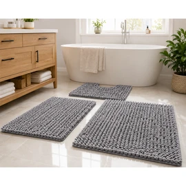 3 Piece Super Absorbent Quick Dry Chenille Bath Mats Set - Non Slip, Washable, Extra Thick Shaggy Rug