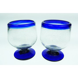 Mexican Shot Glasses, Blue Rim, Snifter Design, Hand Blown, 6 oz, set of 2